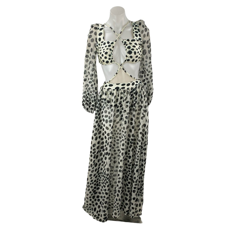PatBO Bossa Dalmatian Polka Dot Cut Out Long Sleeve Maxi Flare A-Line Dress Sz S