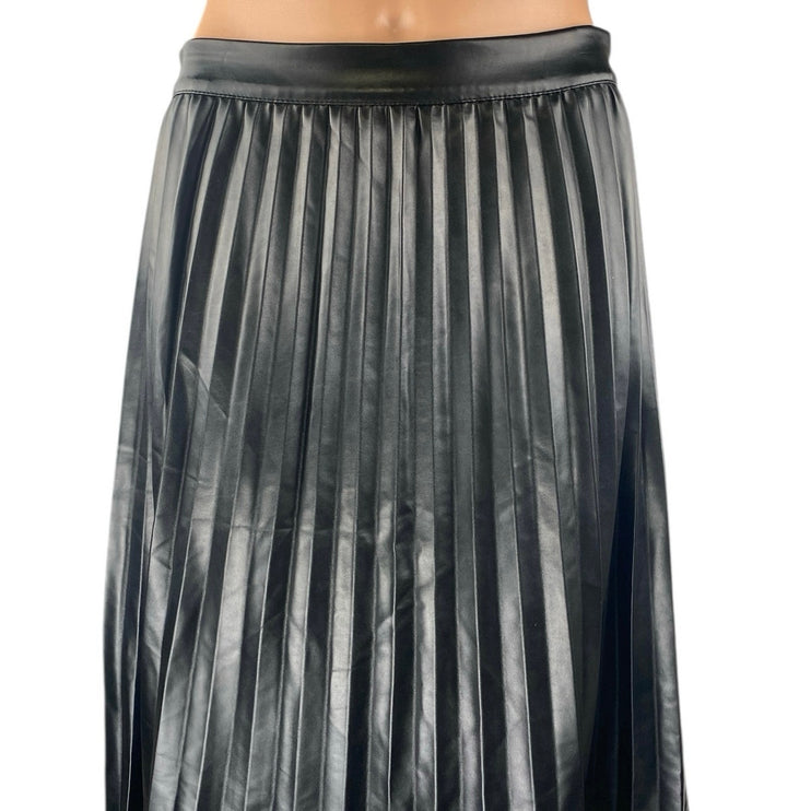 Monteau LA Black Faux Leather Vegan Pleated High Waist A Line Midi Skirt Size M