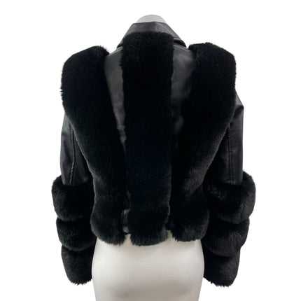Women's Black Faux Fur Trim Faux Vegan Leather Crop Moto Biker Coat Jacket Sz S