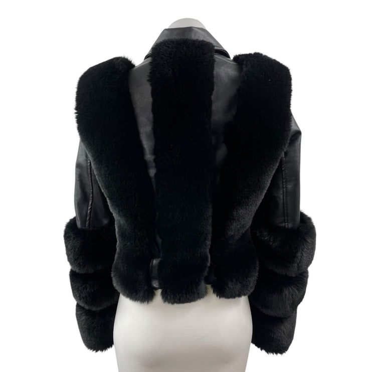 Women's Black Faux Fur Trim Faux Vegan Leather Crop Moto Biker Coat Jacket Sz S