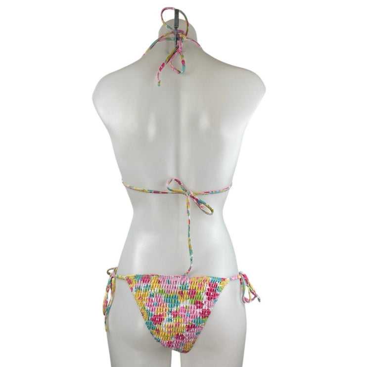 Multicolor Ditsy Floral Smocked Halter Triangle Two Piece Bikini Swimwear Size M