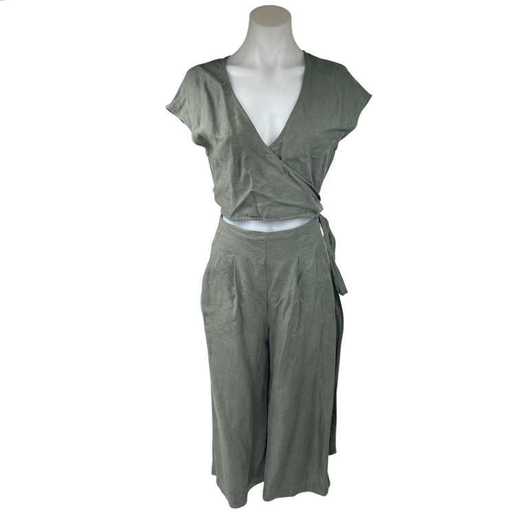 Aritzia Wilfred Gray Linen Short Sleeve Wide Leg Crop Wrap Tie Romper Jumpsuit 0