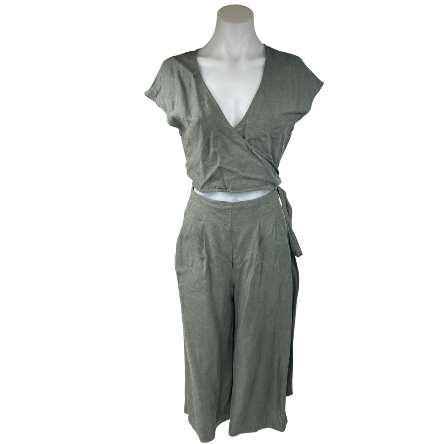 Aritzia Wilfred Gray Linen Short Sleeve Wide Leg Crop Wrap Tie Romper Jumpsuit 0 Aritzia Wilfred Gray Linen Short Sleeve Wide Leg Crop Wrap Tie Romper Jumpsuit 0