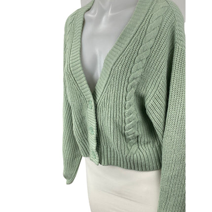 H&M Women's Green Cable Knit Ribbed V Neck Button Up Cardigan Sweater Top Size S