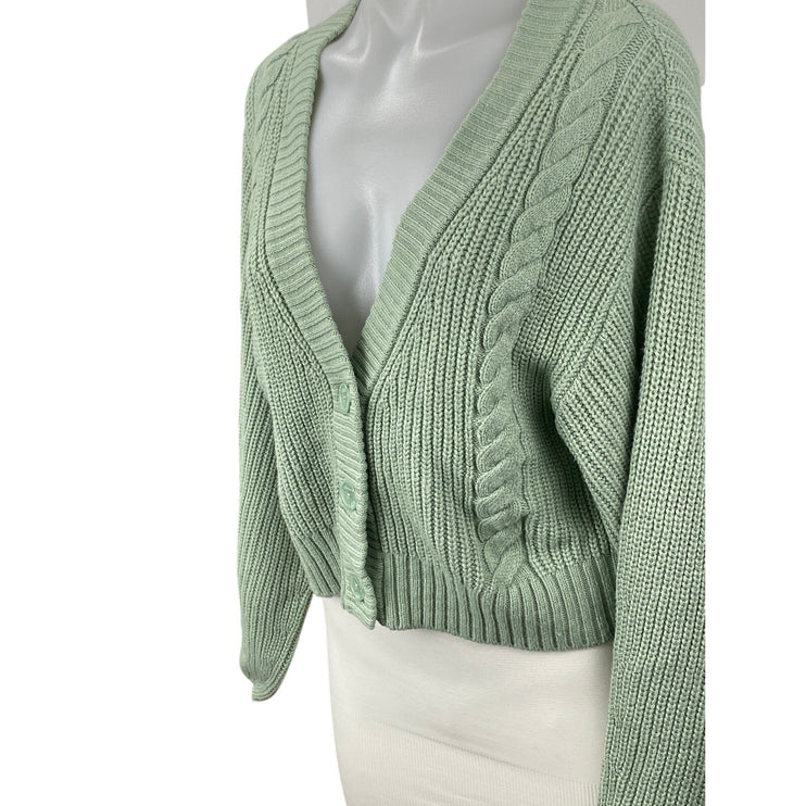 H&M Women's Green Cable Knit Ribbed V Neck Button Up Cardigan Sweater Top Size S