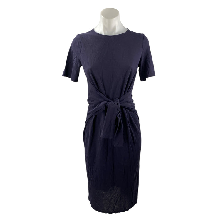 Cos Navy Blue Tie Waist Crew Neck Short Sleeves Midi Bodycon Sheath Dress Sz XS