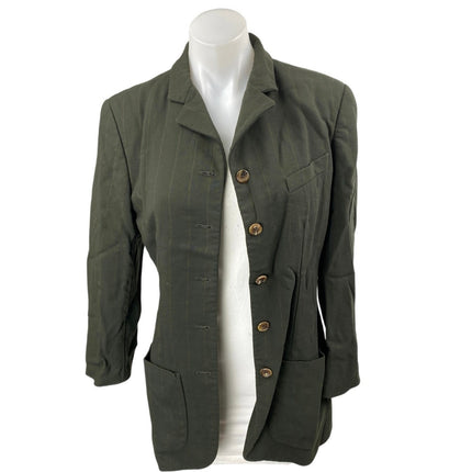 Anne Klein 100% Wool Green Pinstriped Long Sleeve Button Down Shirt Jacket Sz 6