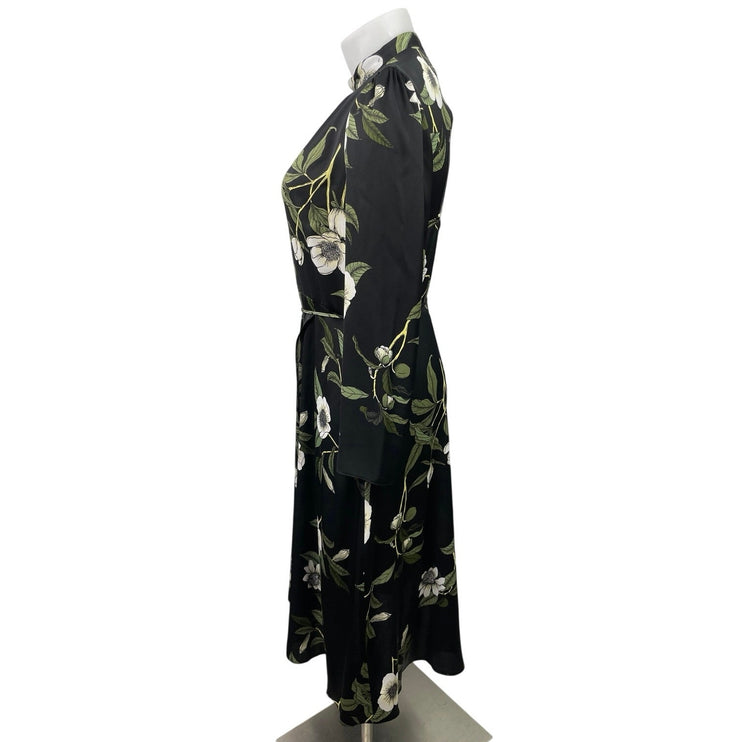 River Island Black Floral Long Sleeve Open Back Mock Neck Wrap A-Line Dress 18