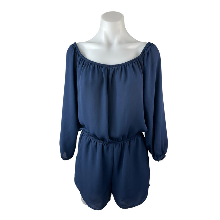 c Women's Navy Blue Long Sleeve Off The Shoulder Blouson Romper Shorts XS