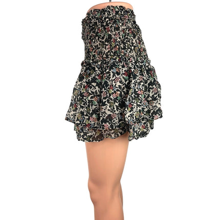 Zara Black Floral Smocked High Waist Ruffle Pull On Mini Skirt Skort Size S