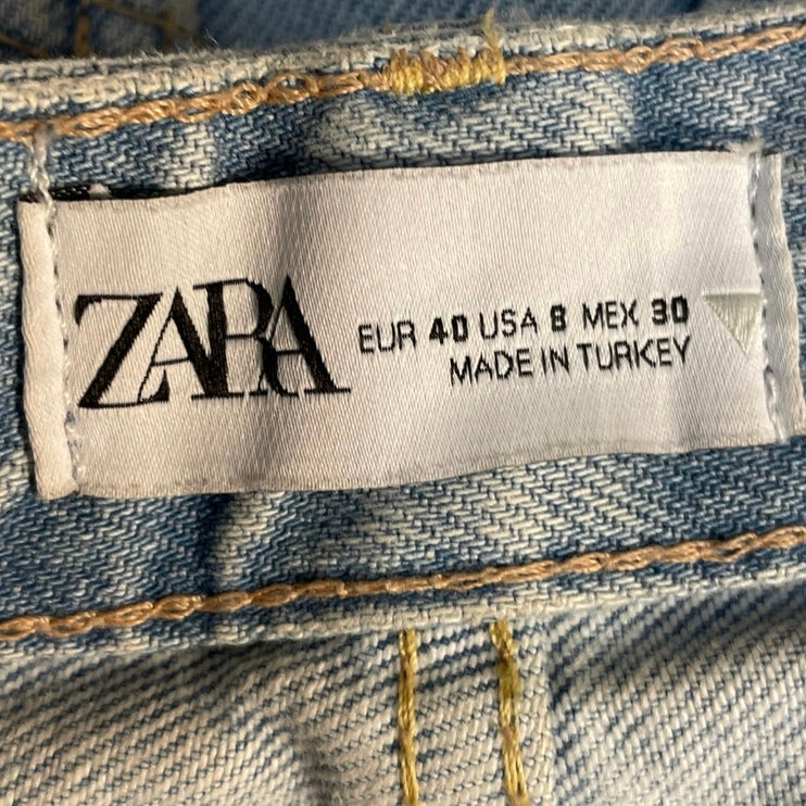 Zara Women's Blue Light Wash Distressed High Rise Wide Leg Denim Jeans Size 8
