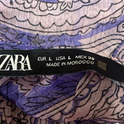 Zara Women's Purple Paisley Ruffle Long Puff Sleeve Sheer Crop Blouse Top Size L