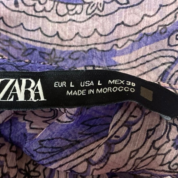 Zara Women's Purple Paisley Ruffle Long Puff Sleeve Sheer Crop Blouse Top Size L