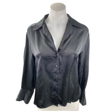 Gap Women's Black Silk Satin Long Sleeve V Neck Button Down Shirt Top Size S