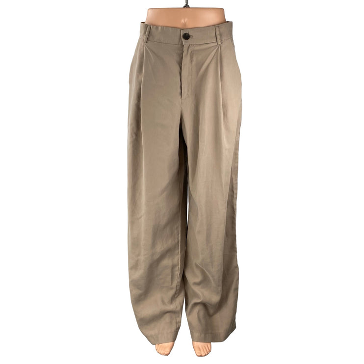 Zara Beige Pleated High Waisted Straight Palazzo Wide Leg Trousers Dress Pants M
