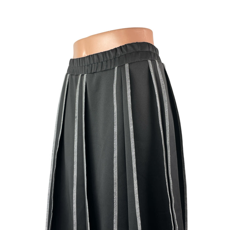 Women's Black Panelled Elastic Waist High Rise Pleated Midi Flare A-Line Skirt M