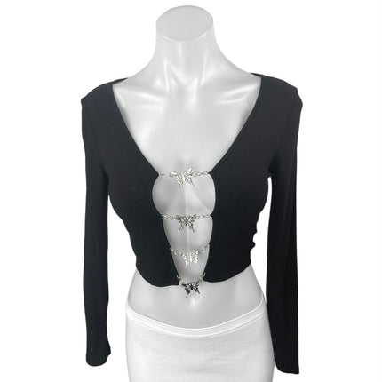 Shein Women's Black Butterfly Chain Front Rib Knit Cutout Long Sleeve Crop Top 2