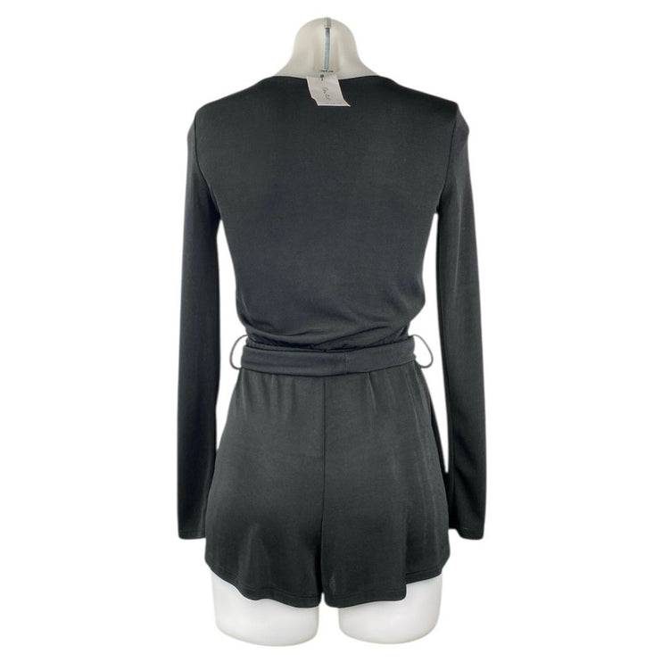 NEW Miss Selfridge Black Long Sleeve V Neck Tie Waist Wrap Jumpsuit Romper Sz 2