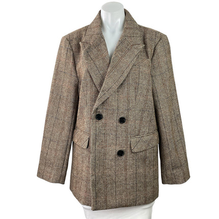 Anthropologie Women's Brown Herringbone Double Breasted Blazer Coat Jacket Sz 10