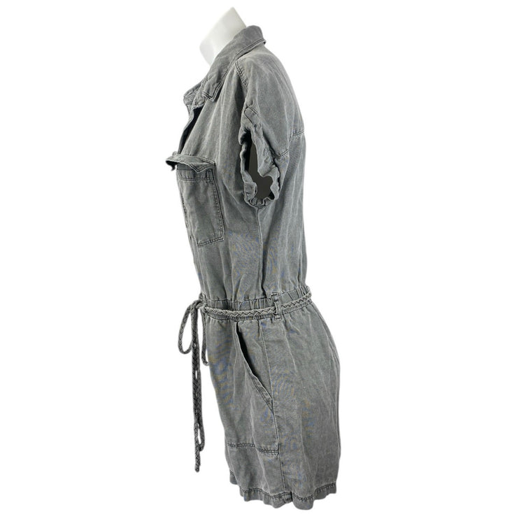 Nicole Miller Women's Gray Short Sleeve Collar Button Up Tie Jumpsuit Romper S