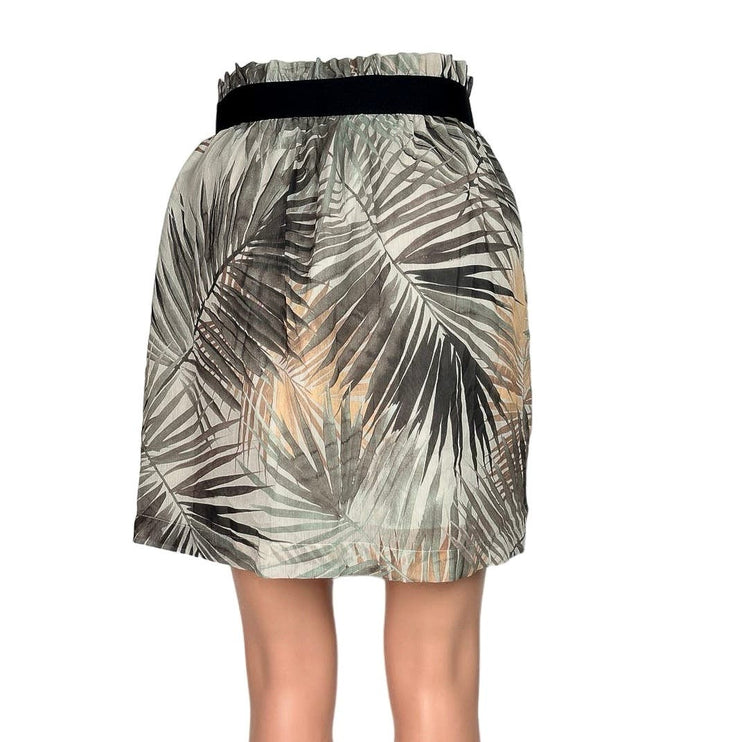H&M Green Gray Palm Tropical Print Elastic Waist Pull On Mini A Line Skirt Sz 6