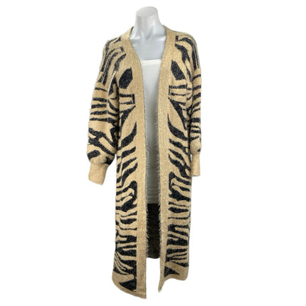 Women's Beige Black Tiger Print Eyelash Knit Longline Cardigan Sweater Top Sz S
