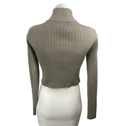 Edikted Olive Green Turtleneck Ribbed Knit Long Sleeve Zip Up Crop Sweater Sz M