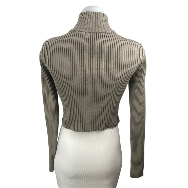 Edikted Olive Green Turtleneck Ribbed Knit Long Sleeve Zip Up Crop Sweater Sz M