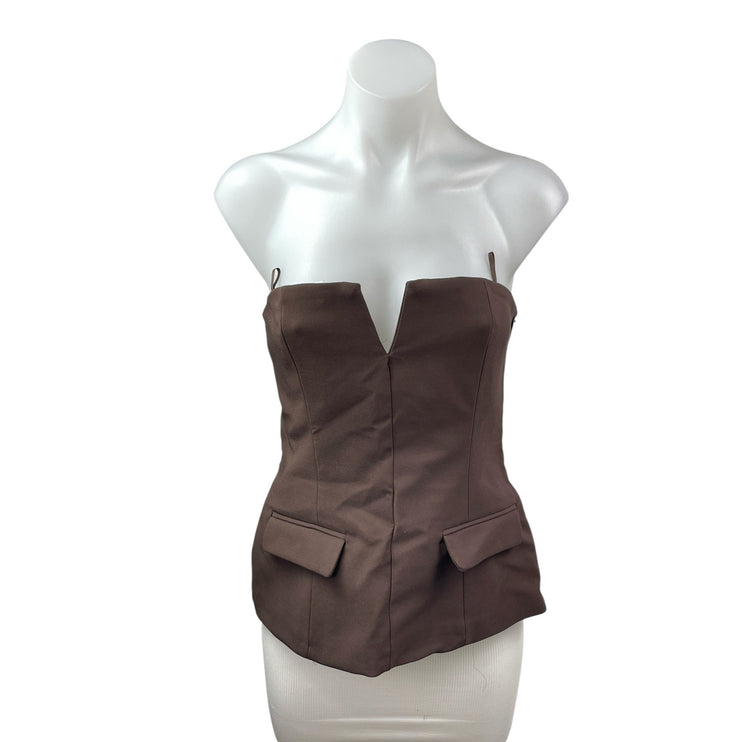 NEW Zara Women's Brown Strapless V Neck Tube Bandeau Pocket Blouse Top Size S