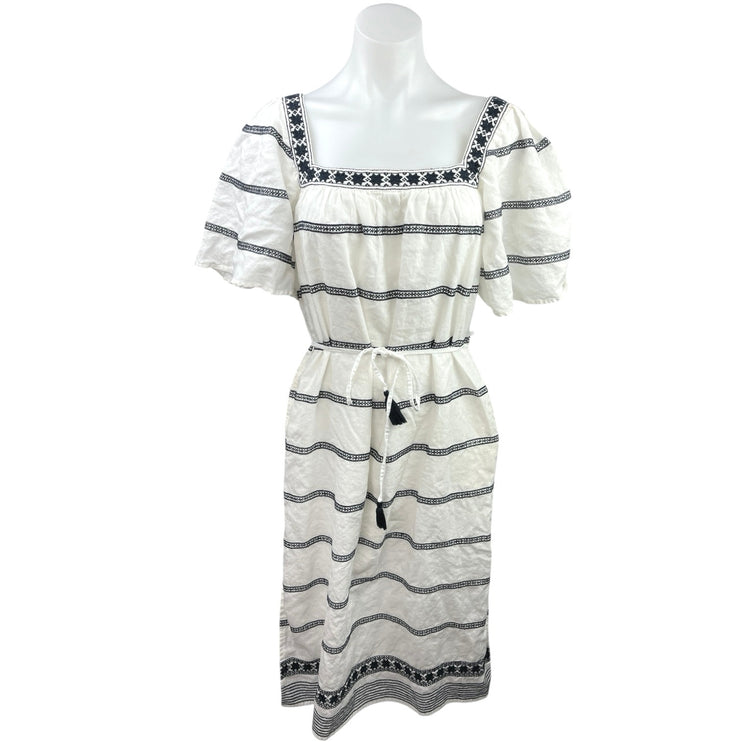 Tory Burch White Black Striped Flutter Boho Peasant Tassel Tie Midi Dress Sz XS