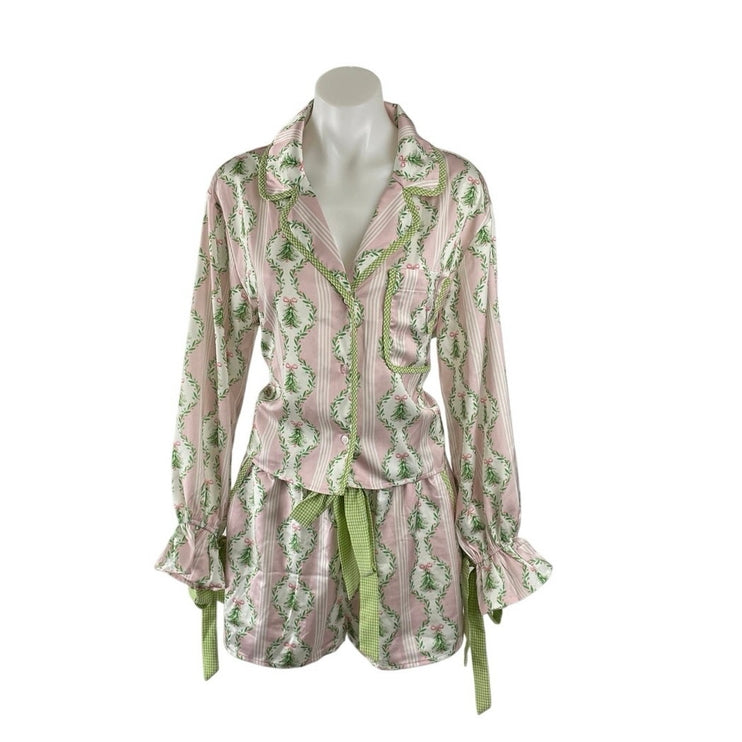 Altar'd State Blythe Satin Christmas Long Sleeve Shorts Pajama Sleepwear Set S
