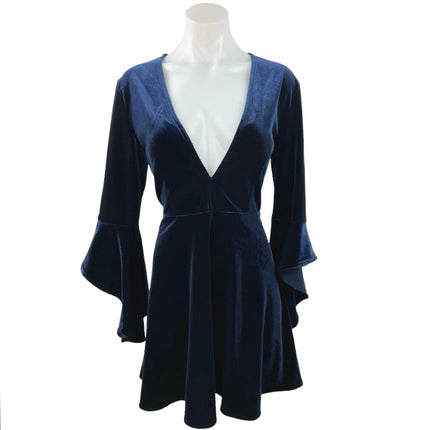 Lulus Women's Blue Velvet Long Bell Sleeve Deep V-Neck Mini Skater Dress Size M