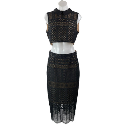BCBGMAXAZRIA Black Crochet Sleeveless Collared Cropped 2 Piece Skirt Set Size 6