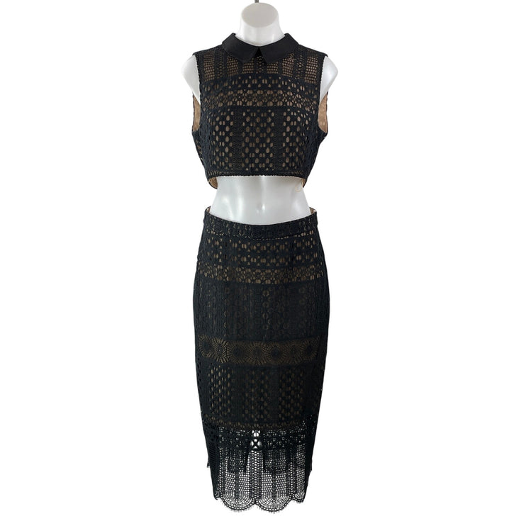 BCBGMAXAZRIA Black Crochet Sleeveless Collared Cropped 2 Piece Skirt Set Size 6