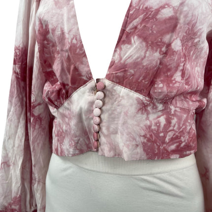 Signature8 Pink Tie Dye Deep V Neck Long Balloon Sleeve Blouse Crop Top Size M