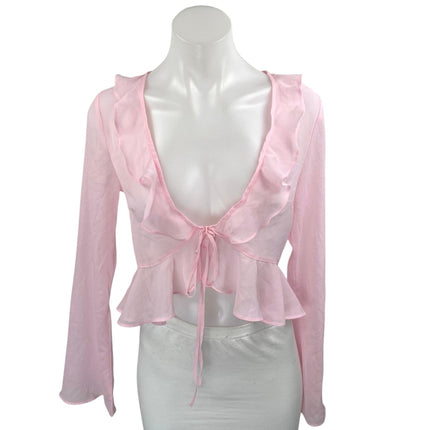 Edikted Women's Pink Long Sleeve Ruffle Plunge Tie Peplum Blouse Crop Top Size S
