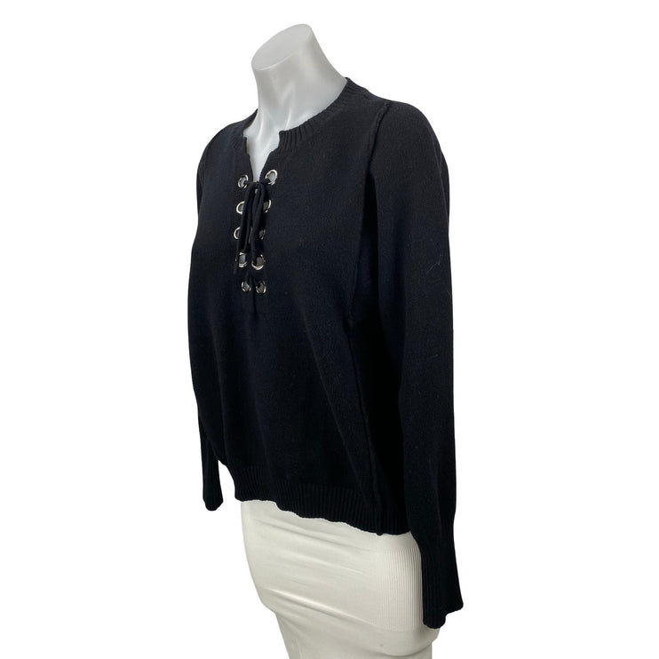 DO+BE Women's Black Lace Up Knit Long Sleeve Y2k Crewneck Sweater Top Size M