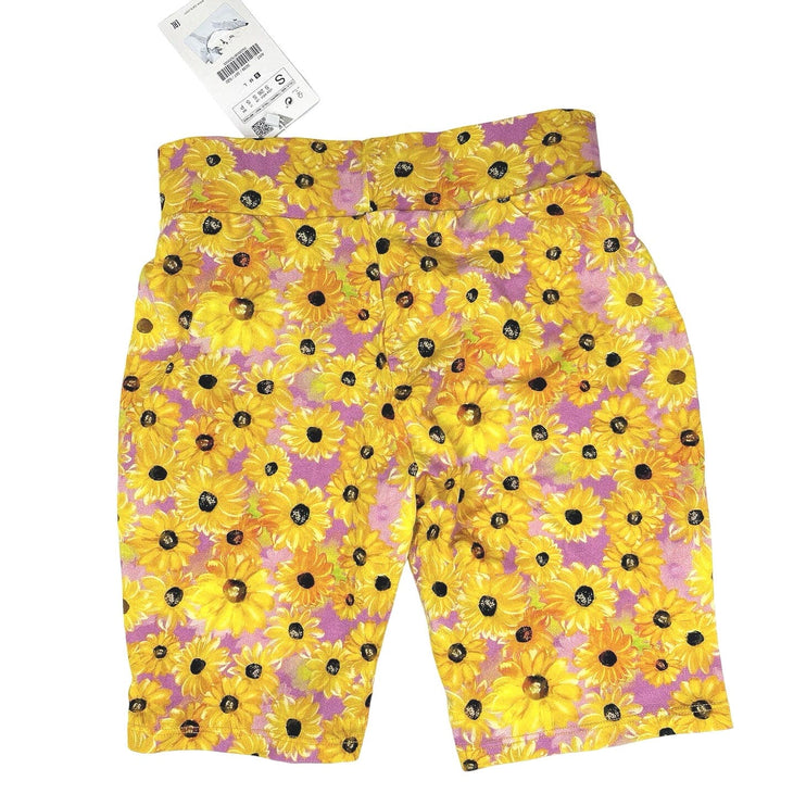 Zara NWT Pink Yellow Sunflower Floral Yoga Fitted Stretch Athletic Bike Shorts S