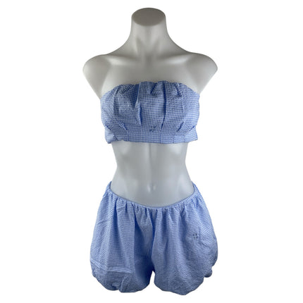 NEW 1987 Blue Gingham Check Strapless Tube Balloon Top Shorts 2 Piece Set Size S