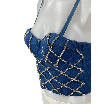Women's Blue Rhinestone Bustier Corset Sleeveless Denim Jean Crop Top Size 6