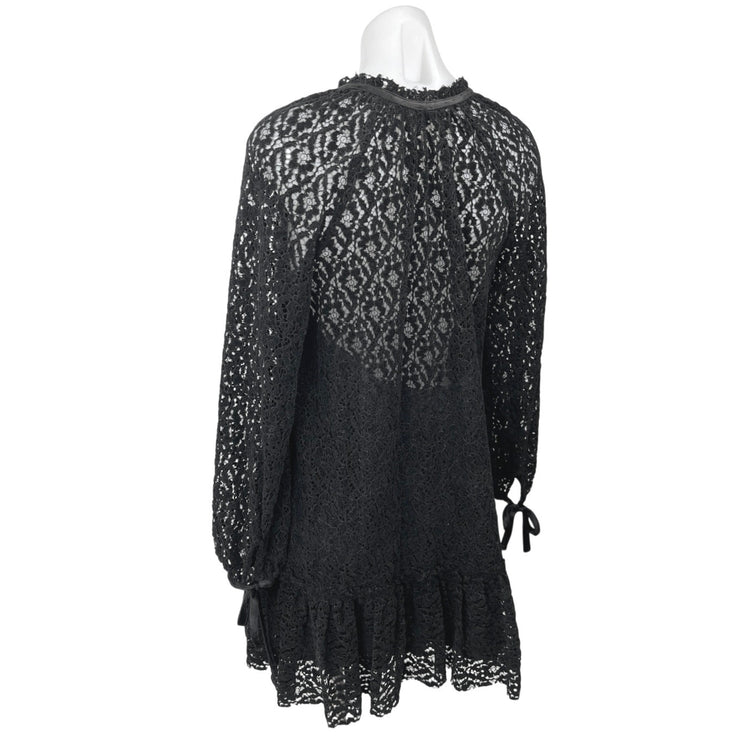 Free People Black Lace Floral Embroidery Keyhole Long Sleeve Mini Shift Dress XS