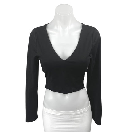 Superdown Womens Black Long Sleeve Deep V-Neck Stretch Tie Waist Crop Top Size S