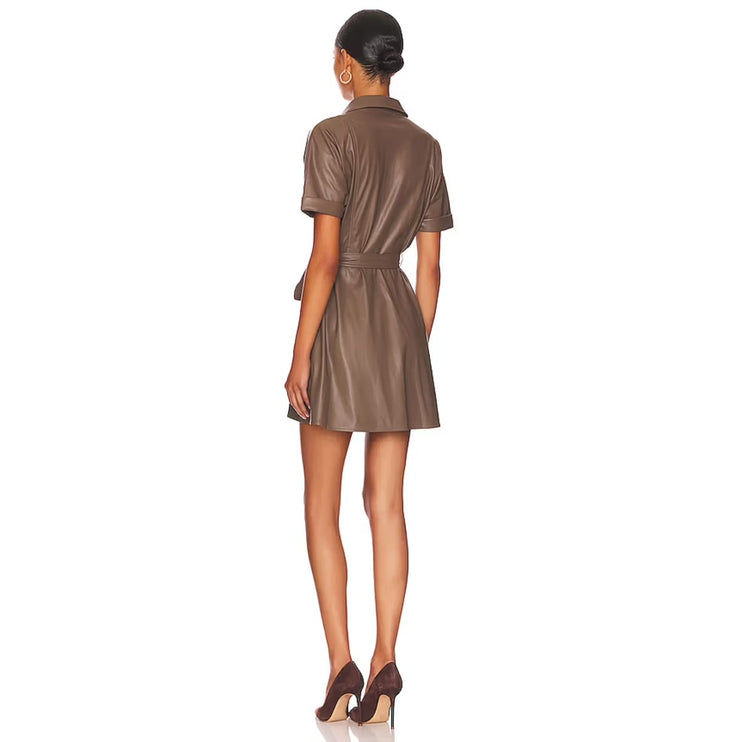 Heartloom Tan Brown Vegan Faux Leather Short Sleeve Belted Button Shirt Dress M