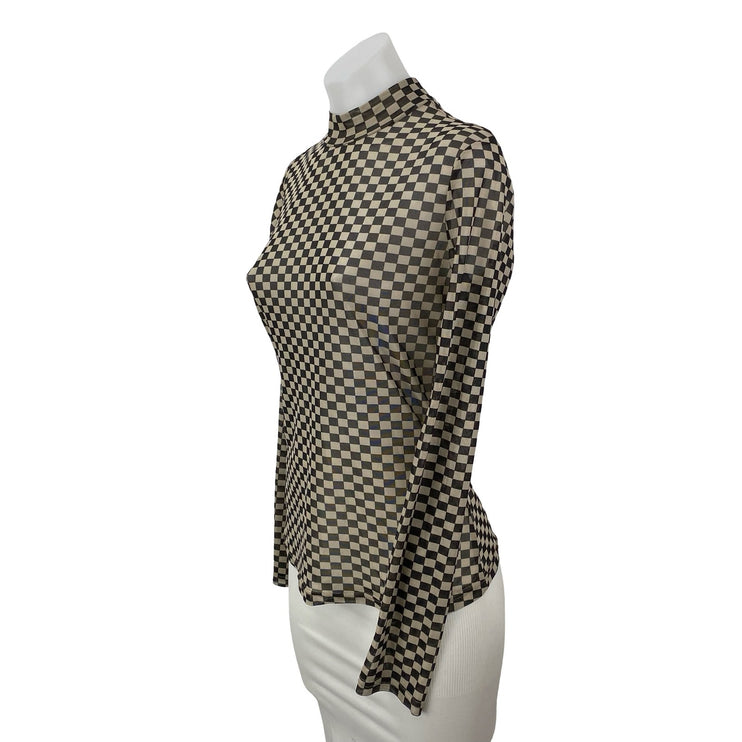 Things I Like Things I Love Beige Checkered Long Sleeve Mock Neck Blouse Top S