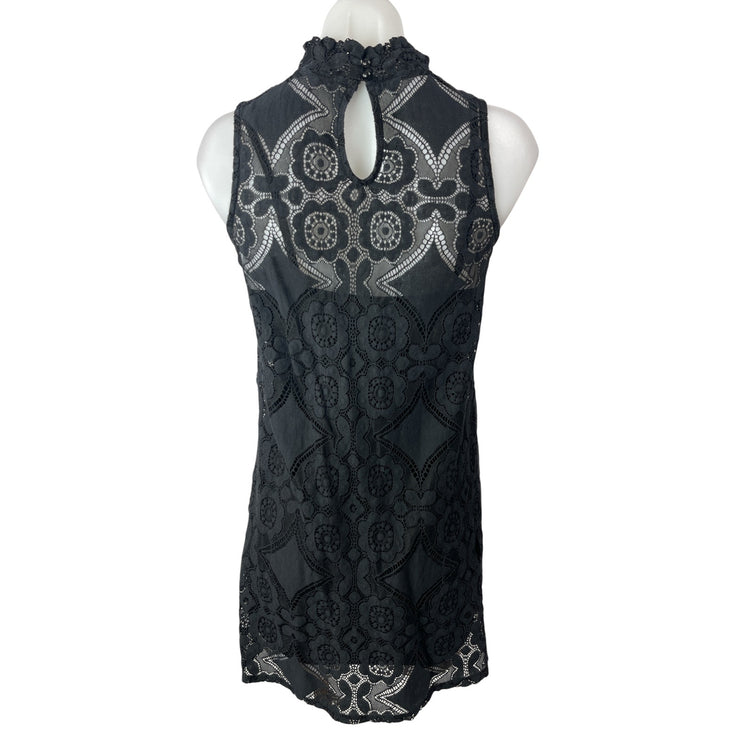 Boohoo Black Lace Geometric Floral Mock Neck Sleeveless Mini Shift Dress Size 6