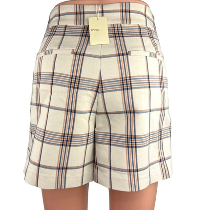 NEW Maje Izore White Blue Plaid Checkered High Waist Pockets Casual Shorts Sz 34