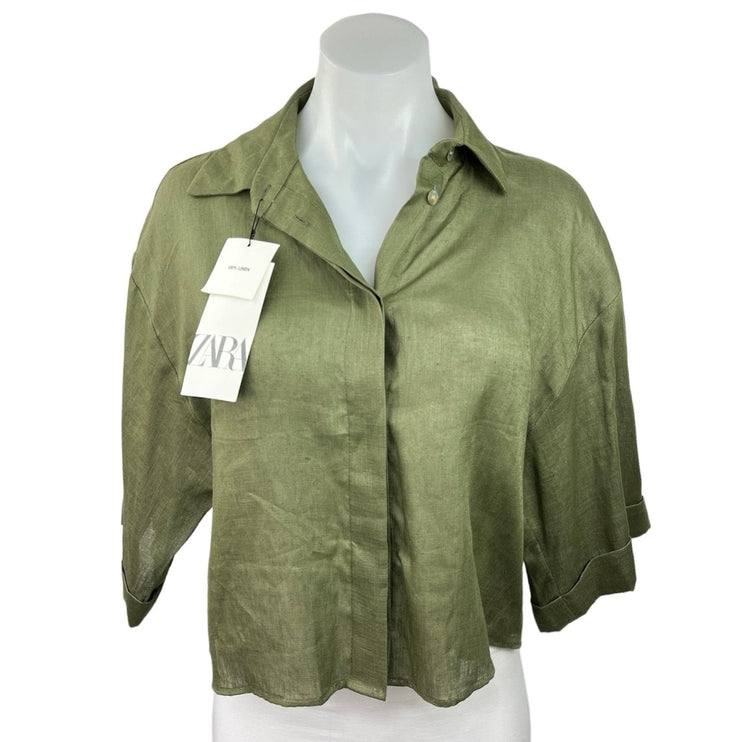 Zara 100% Linen Green Cropped Collared Wide Short Sleeves Button Up Shirt Top XS