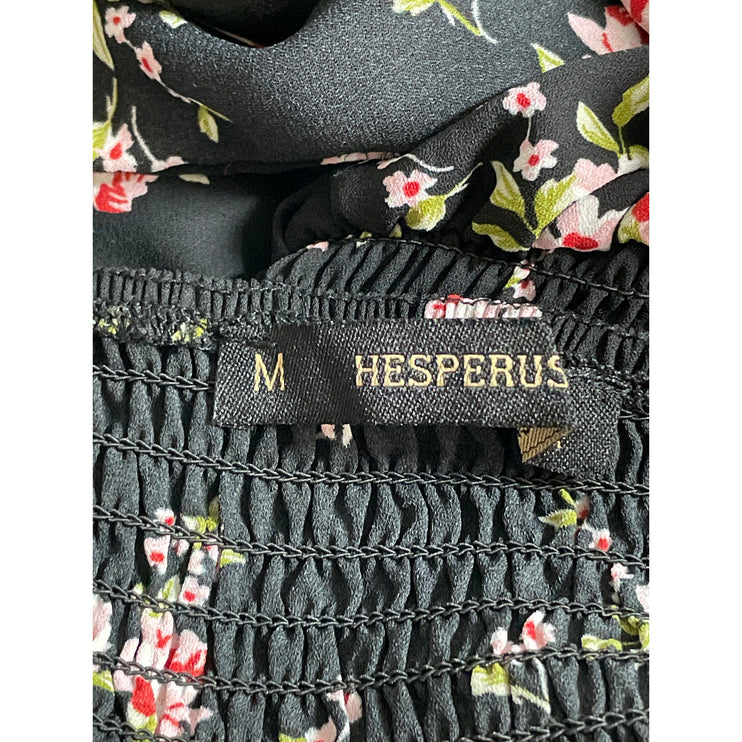 Hesperus Black Floral Ditsy Short Puff Sleeve Tie Smocked A Line Midi Dress Sz M