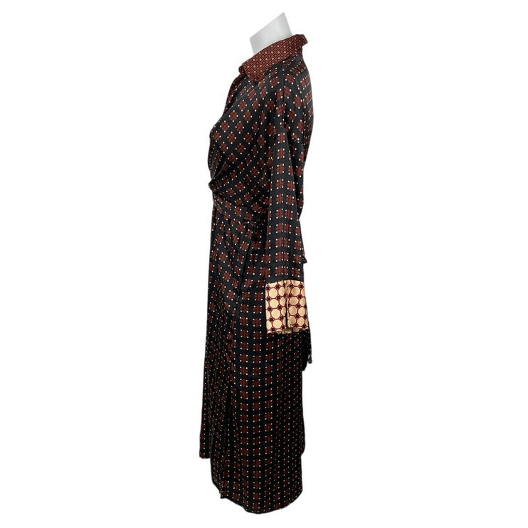 Zara Multicolor Geometric Draped Tie Long Sleeve Midi A-Line Shirt Wrap Dress S