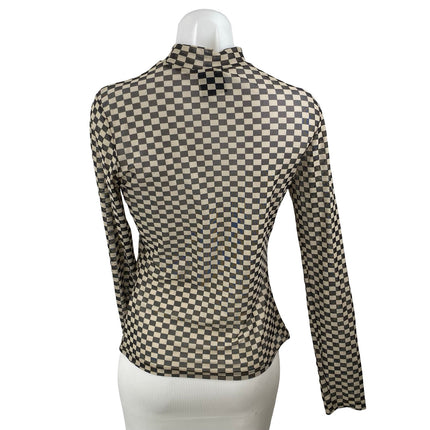 Things I Like Things I Love Beige Checkered Long Sleeve Mock Neck Blouse Top S